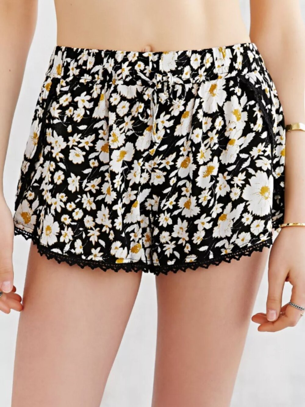 Ecote Heidi Tulip Black Floral Daisy Bike Shorts with White & Gold Flowers